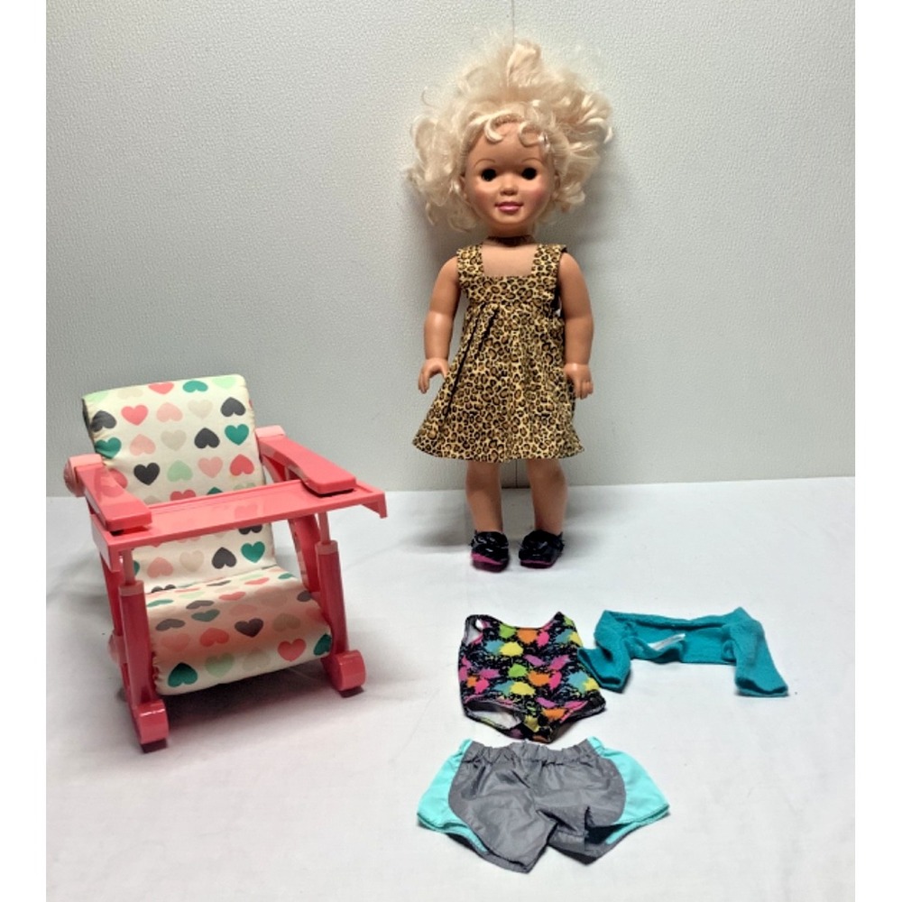 18" Doll Lot With Chair And Two Outfits Leotard Shorts shoes Blonde Hair Meritus